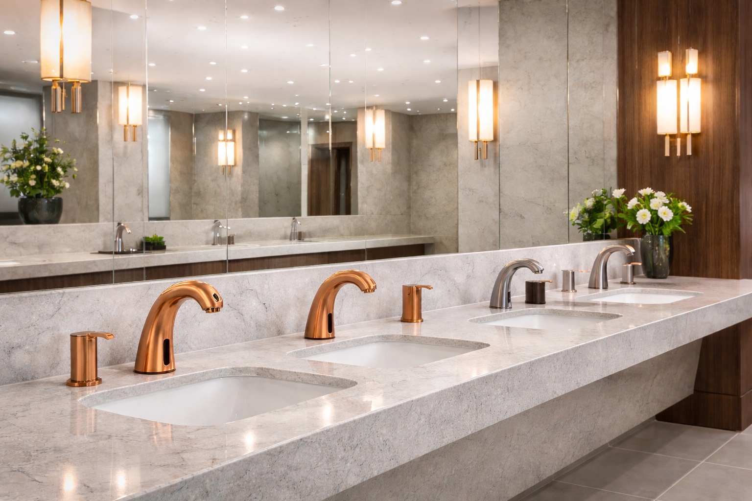 Hospitality restroom design using premium faucet finishes